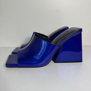 NWOB Zara Metallic Blue Mule Block Heel Sandals | Size 39